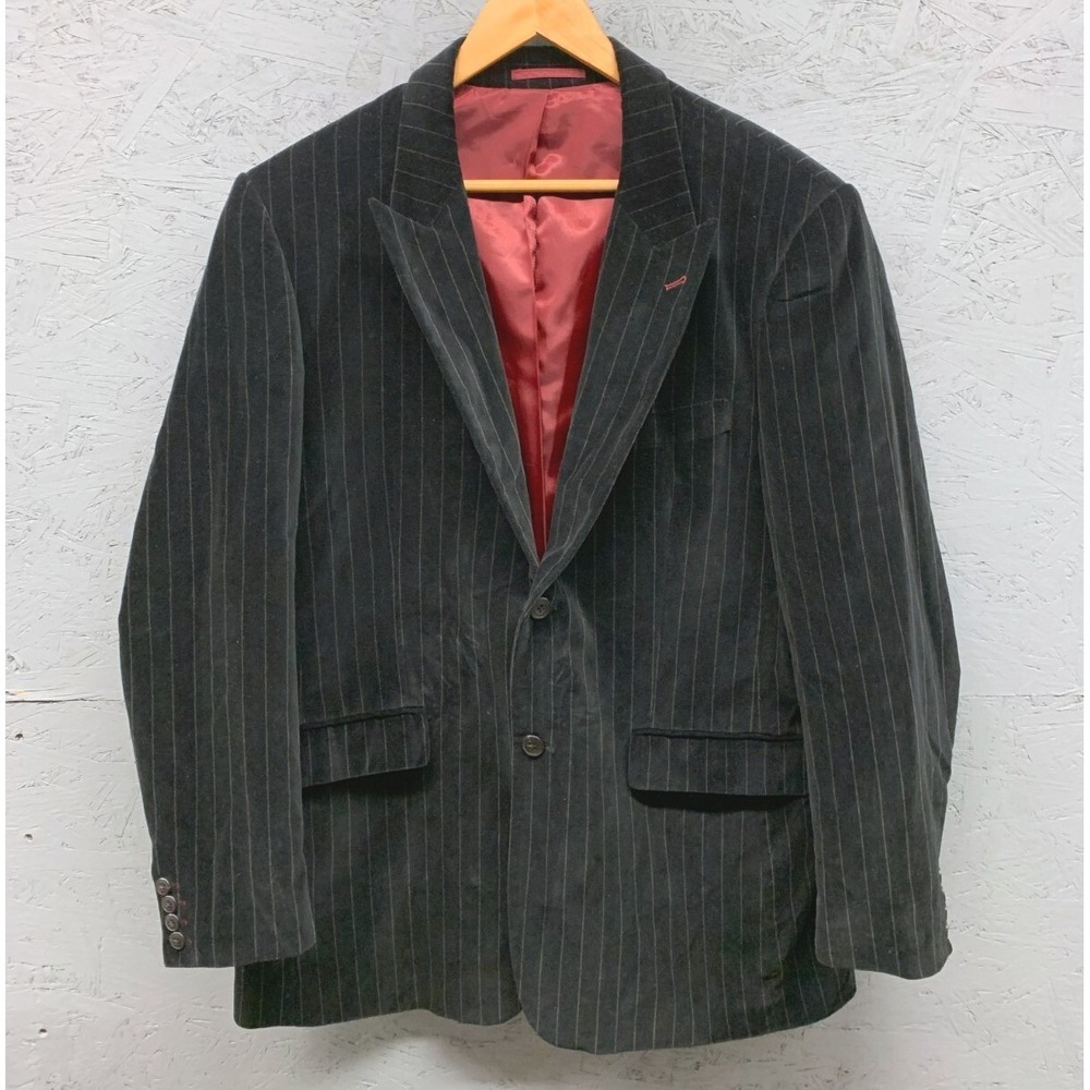 Michael Brandon Pinstripe Blazer Jacket Mens 44 Gray Red Lining Tailored Suit